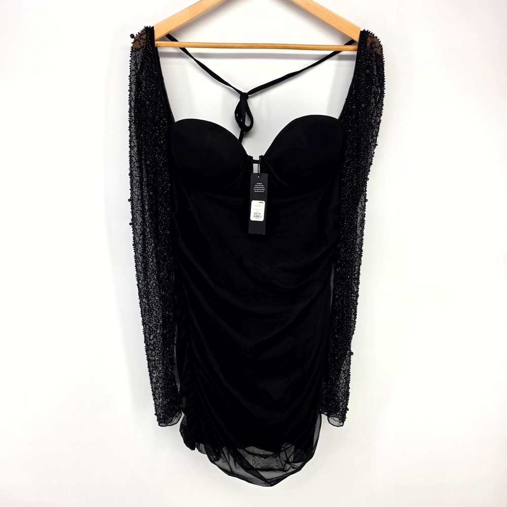 Fashion Nova Mini Dress Women XL Black Princess Beaded Ruched Mesh Bustier Party - Picture 3 of 10